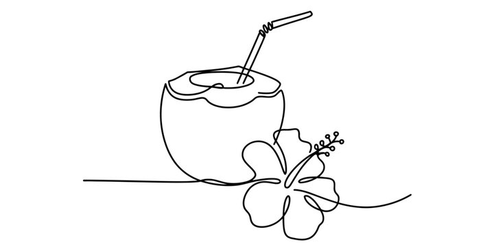 Continuous line drawing of a tropical coconut drink with a straw and a hibiscus flower Vector, illustration