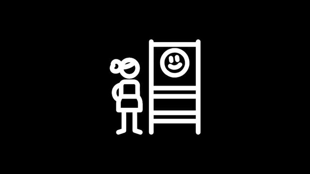 Simple line art icon of a person looking at a screen displaying a happy face