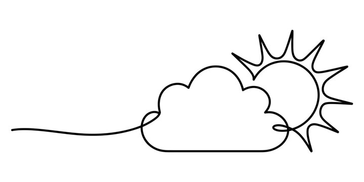Continuous line art drawing of a cloud partially covering the sun, representing a weather forecast Vector, illustration
