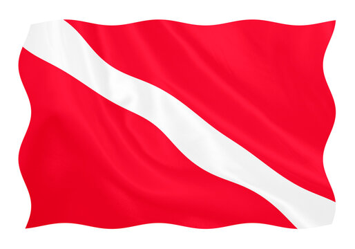 Digital composite  Diver under flag as used by scuba divers to indicate that a diver is at that moment diving in the vicinity. ..down, sport, hobby..PNG file