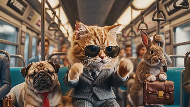 Surreal scene of a ginger cat in a business suit and sunglasses commuting on a train with a pug and a rabbit