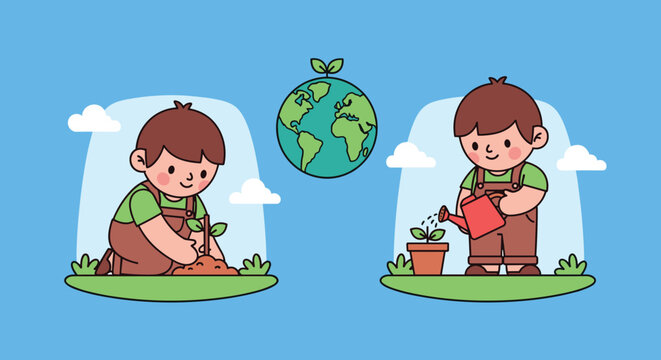 Cartoon Boy Planting Tree and Watering Plant.