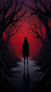 A cartoon dark and strange entity wandering in the woods, phone wallpaper