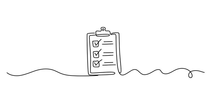 A continuous line art drawing of a clipboard with a completed checklist on a white background Vector, illustration