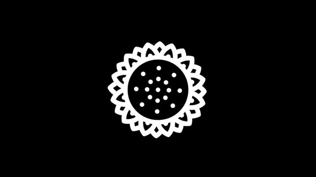 Stylized white sunflower icon on a solid black background, simple and modern design