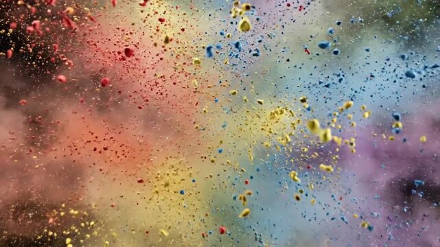Vibrant multicolored explosion of powder erupts against a black background creating a festive scene