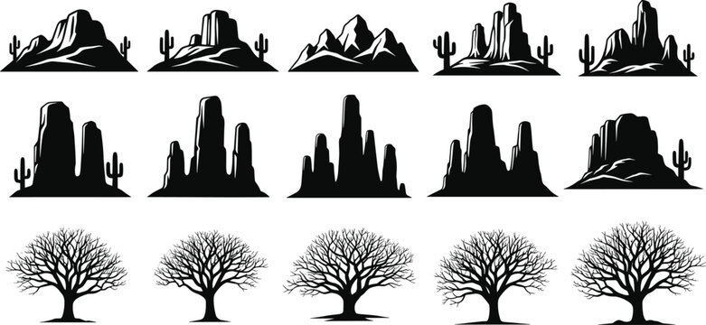 Desert Mesa and Cactus Silhouette Vector Set Featuring Detailed Bare Tree Illustrations and Western Landscape Elements for Nature and Outdoor Graphic Design