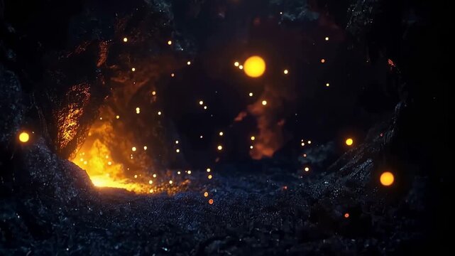 Mystical Cave: A mysterious cave, its depths illuminated by a celestial dance of golden orbs and the warm glow of an unseen fire, invites the viewer into a realm of fantasy and wonder.