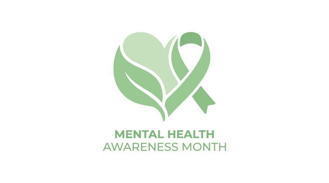 A light green heart with leaves and an awareness ribbon, symbolizing Mental Health Awareness Month on a white background.