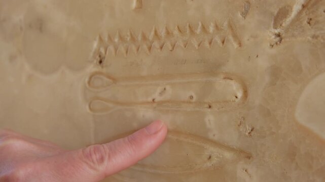 Man touching ancient Egyptian symbols carved on stone wall with finger of hand close-up