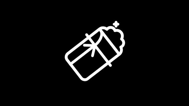 Simple white line icon of a burrito with a ribbon tied around it on a black background