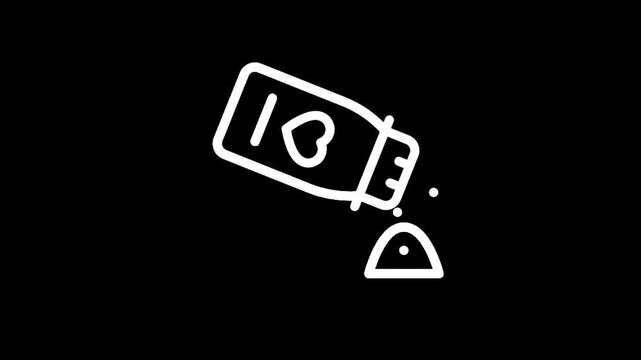 White line art icon of a salt shaker with a heart symbol pouring out its contents