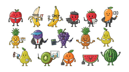 Obraz premium Fruitful Business Professionals: A vibrant collection of cartoon fruits, each embodying a different business persona, creating a playful and imaginative scene with business theme.