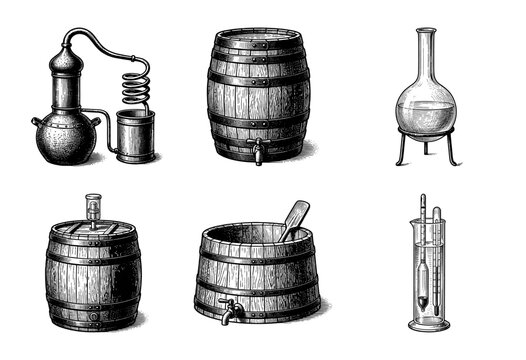 Vintage woodcut illustration of distillery equipment featuring copper stills fermentation barrels and laboratory glassware