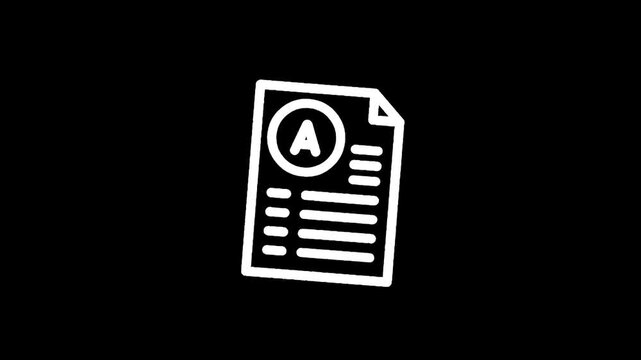 Simple white icon of a graded paper with the letter A inside a circle