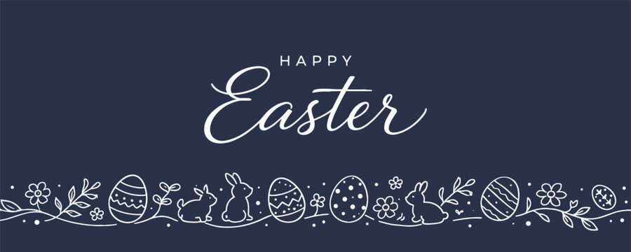 Happy Easter dark background design. Elegant lettering with line art rabbits eggs and flowers. Decorative festive border composition