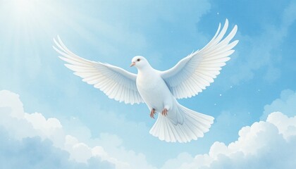Fototapeta premium A white dove with wings fully spread soars gracefully against a bright blue sky with soft clouds and radiant sunlight.