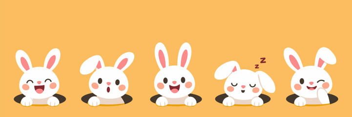 Fototapeta premium Cute bunny character set. Collection of rabbits with different emotions popping from hole. Funny spring cartoon illustration