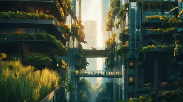 Urban Oasis: A visionary cityscape of the future, where lush green vegetation integrates seamlessly with modern architecture, showcasing the harmonious blend of nature and urban life.