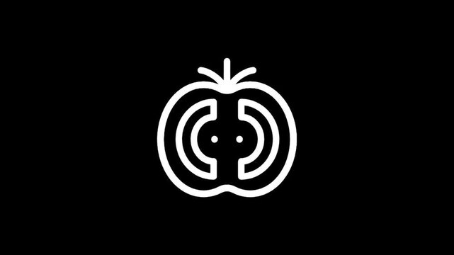 Minimalist white line art icon of a halved apple with concentric circles on black background