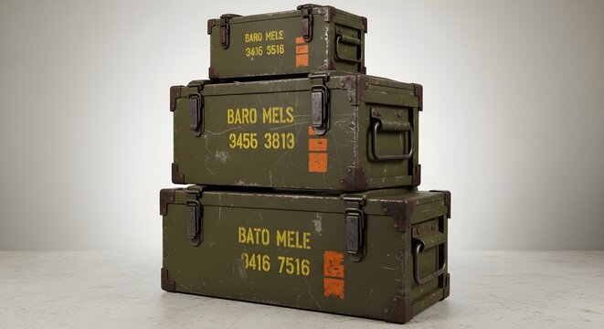 Three stacked distressed olive green military-style storage crates with yellow stenciled text "BATO MELE" and numbers "3456 3813" on the middle crate, and "3416 7516" on the bottom crate