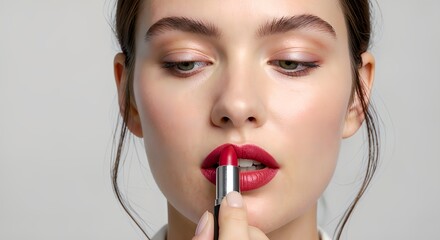 Woman applying red lipstick carefully in a close up view.
