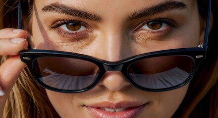 Woman lowering sunglasses while looking confidently at the camera.