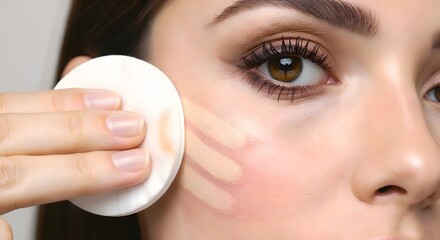 Woman removing makeup with a cotton pad on her cheek.