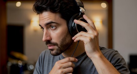 Man wearing headphones adjusting audio equipment indoors.