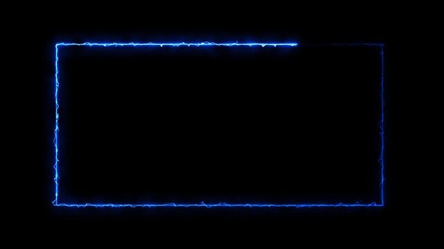 Glowing blue electric lightning rectangular frame on black background for gaming and tech overlays. Futuristic neon lightning border with energy effect for digital content and streaming.