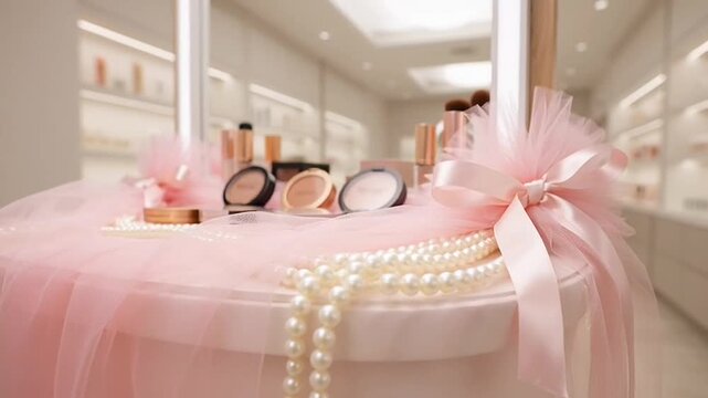 Elegantly Decorated Vanity Table with Assorted Makeup Products and Pearly Necklaces Displayed with Soft Pink Tulle and Ribbons in a Well-Lit Retail Environment