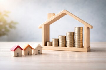 Wooden house model with coins and small houses on table for saving money and real estate investment concept JPG image