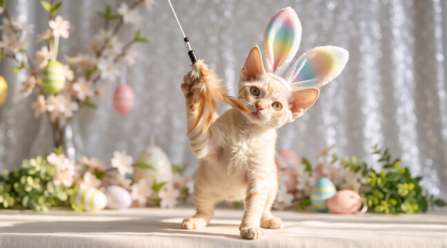 Playful Devon Rex kitten with rainbow bunny ears playing with a feather toy. Cute cat celebrating Easter on a festive silver background