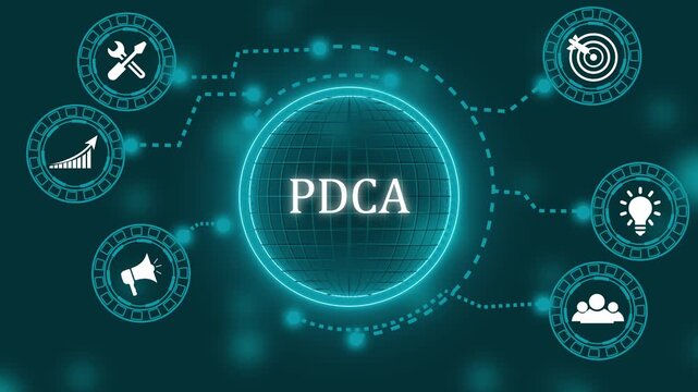 PDCA cycle diagram with business icons and globe