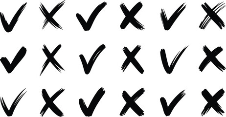 Hand drawn black brush stroke check mark and cross icon set, grunge tick and x symbols © Billal