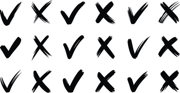 Hand drawn black brush stroke check mark and cross icon set, grunge tick and x symbols