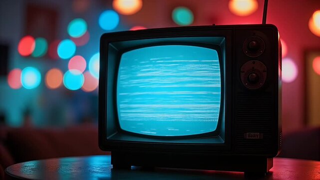 An authentic retro cathode ray television set flickers amid rainbow party lights vintage video screen cycling through static banding horizontal glitch bars all mastered clean K so design video ers
