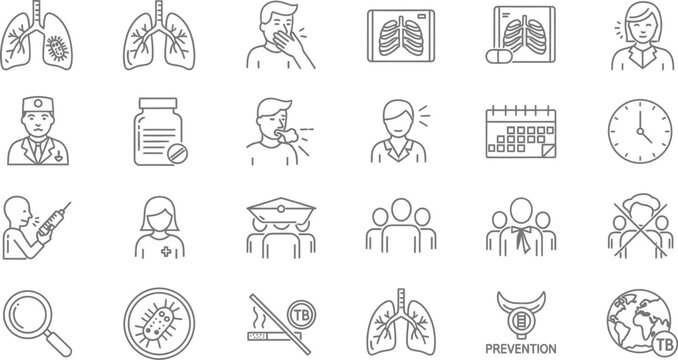 Set of thin line icons depicting various symptoms diagnosis treatment and prevention methods related to tuberculosis awareness campaigns globally