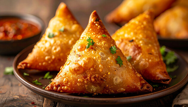 Delicious Indian samosas with spicy filling, crispy golden fried pastry, authentic cuisine, appetizing snack.