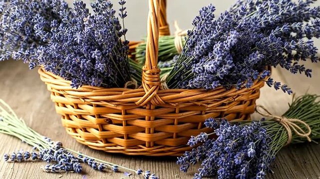 Lavender bouquets in a basket on a wooden table, aromatherapy concept.