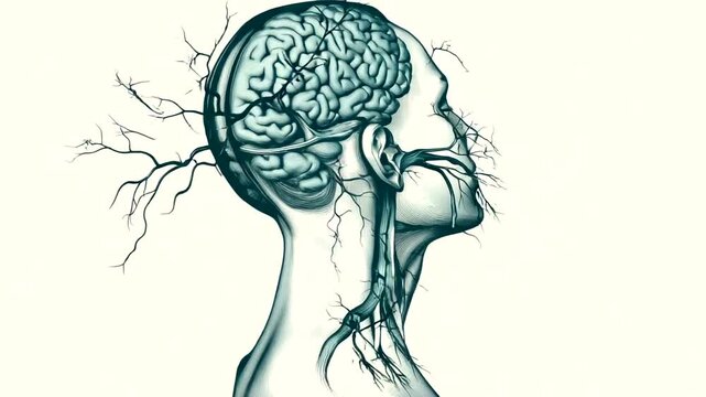 Anatomical illustration of a human head with brain and neural pathways
