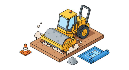 Yellow Road Roller Vehicle Illustration.