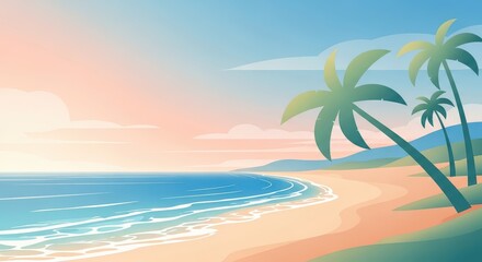 Obraz premium Tropical coastline scenery displays leaning palm trees against a pastel sky at the water's edge