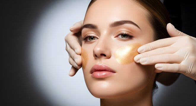 Beautiful woman receiving luxury gold facial treatment. Professional hands in gloves applying golden mask on cheeks. Concept of premium skincare, anti-aging th