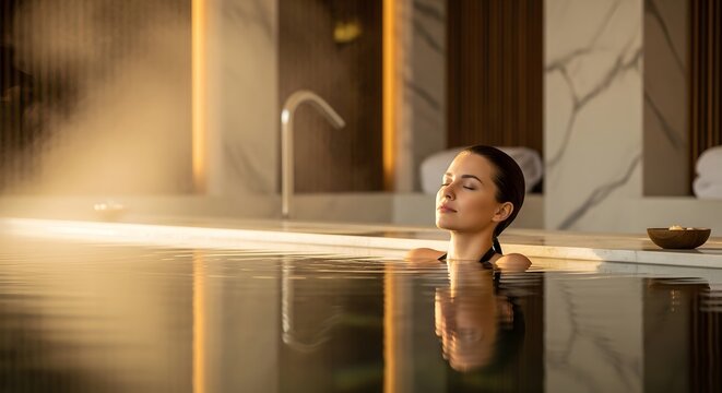 Beautiful woman relaxing in a luxury indoor spa pool with golden sunlight and steam. Serene atmosphere in a modern wellness center. Concept of mindfulness, rej