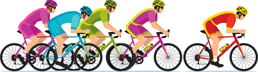 Banner of cyclists competing in a cycling race, wearing colorful jerseys. Hand-drawn vector illustration IV. © Albachiaraa