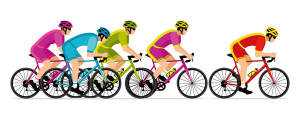 Fototapeta premium Banner of cyclists competing in a cycling race, wearing colorful jerseys. Hand-drawn illustration III.