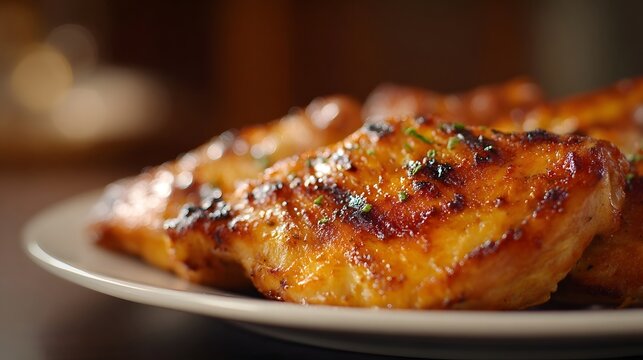 Succulent grilled chicken breast with rich glaze and grill marks on a plate close up view