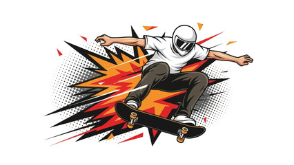 Skateboarder performing trick against comic book style burst background © Muh