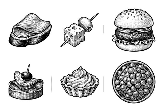 Set of monochrome hand drawn vintage sketches of appetizers including canapes, sliders, tartlets, and caviar in engraving style.